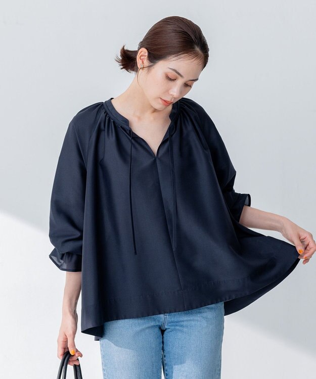 組曲 S 【洗える・涼感】シアーボイルギャザー ブラウス ネイビー系