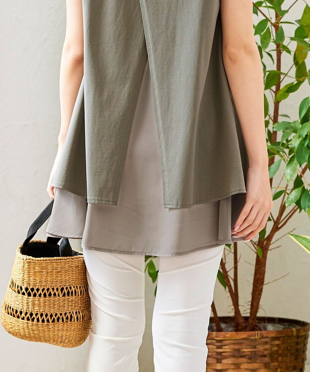 Tiaclasse 【洗える】 異素材を組み合わせたバックシャンカットチュニックブラウス グレージュ