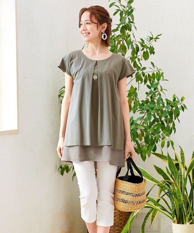 Tiaclasse 【洗える】 異素材を組み合わせたバックシャンカットチュニックブラウス グレージュ