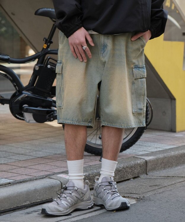 WEGO 【SMLサイズ展開】イージーバギーデニムカーゴショーツ デニム淡加工色