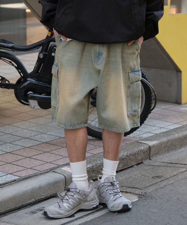 WEGO 【SMLサイズ展開】イージーバギーデニムカーゴショーツ デニム淡加工色