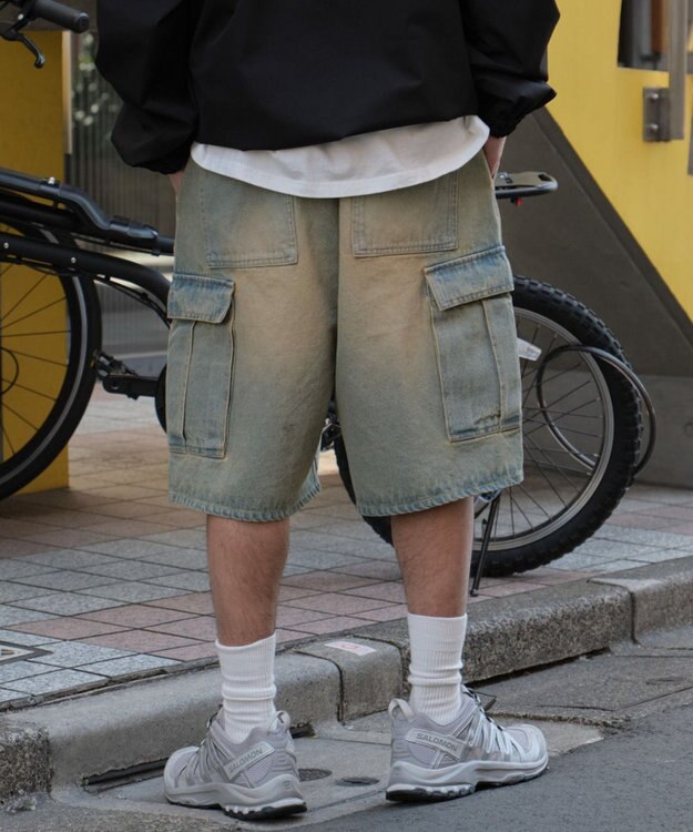 WEGO 【SMLサイズ展開】イージーバギーデニムカーゴショーツ デニム淡加工色