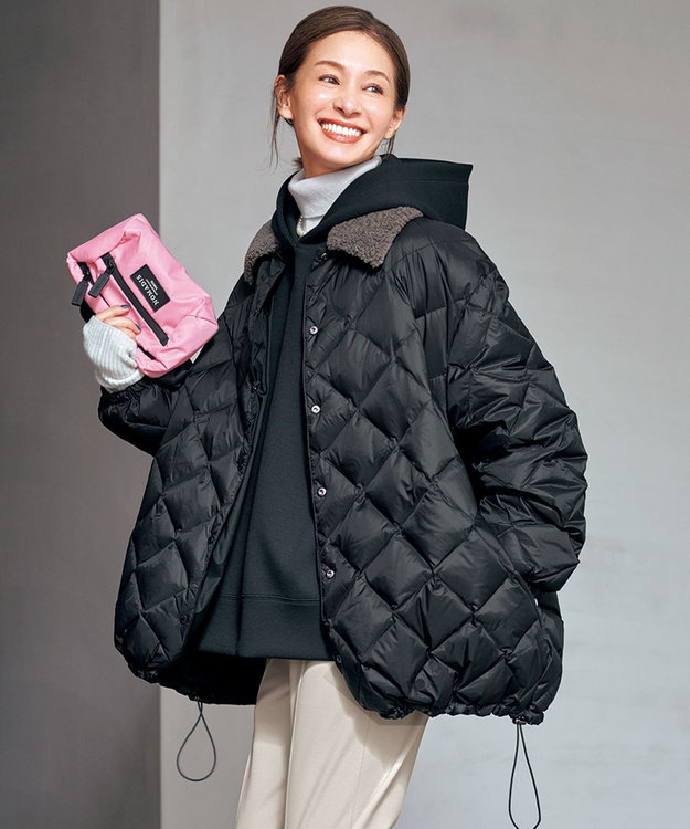 UNFILO L 【自宅で洗濯OK / ファー襟取り外し可能】TAIONコラボ ボア襟 リバーシブルダウン ブラック