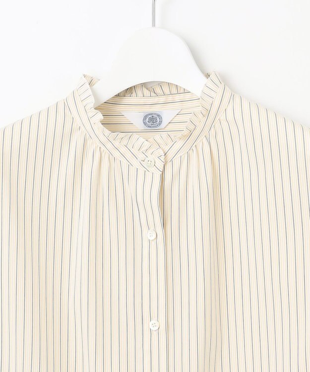 J.PRESS LADIES 【洗える】BEZ ドビーストライプ フリルネック ブラウス イエロー×グレーストライプ系