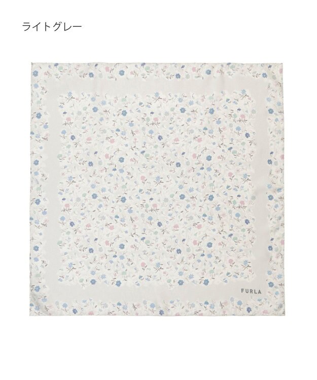 MOONBAT 【シルク100%】フルラ (FURLA) 小花柄 シルクプリントスカーフ 58cm×58cm ライトグレー