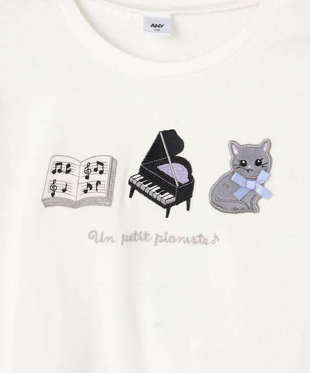 ANY KIDS おけいこモチーフ刺繍入り 長袖Tシャツ オフホワイト（ねこ×ピアノ）