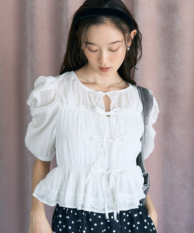 earth music&ecology レースティアードシャーリングブラウス Off White