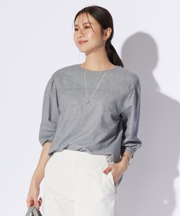 J.PRESS LADIES L 【洗える】BEZピンチェック ボリュームスリーブ ブラウス ネイビー系3