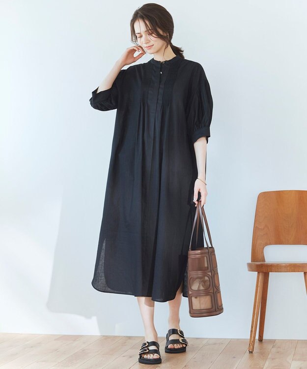 23区 S 【SLOW/洗える】リネンコットン シャツワンピース ブラック系