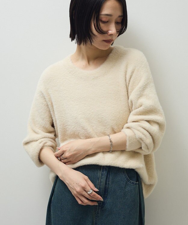 Green Parks シャギークルーネックニットプルオーバー Ecru