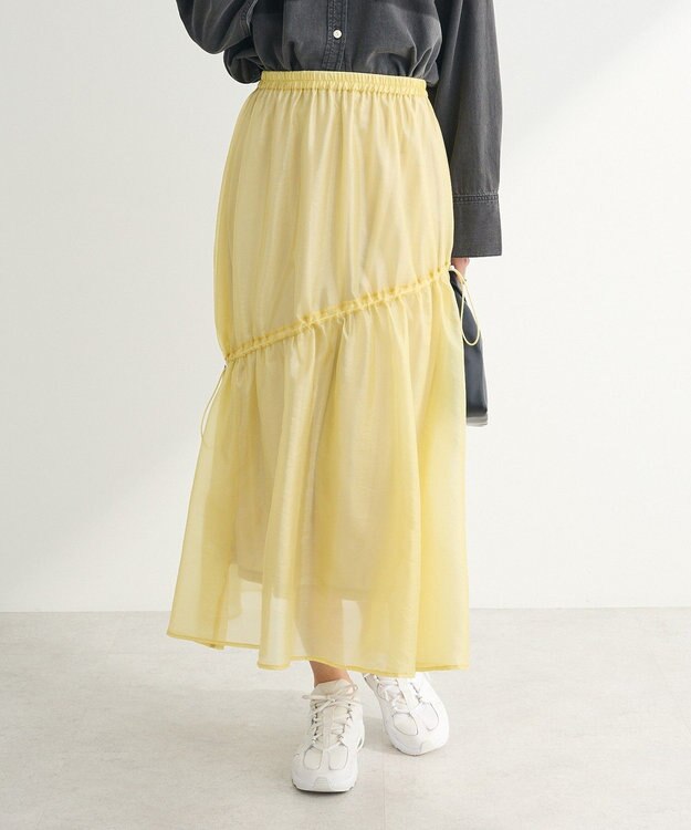 Green Parks シアーシャイニードロストティアードスカート Light Yellow