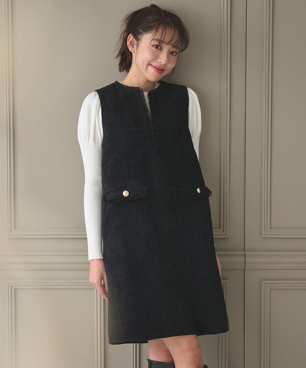 Feroux 【洗える】キーネックミディ ジャンスカ ブラック系