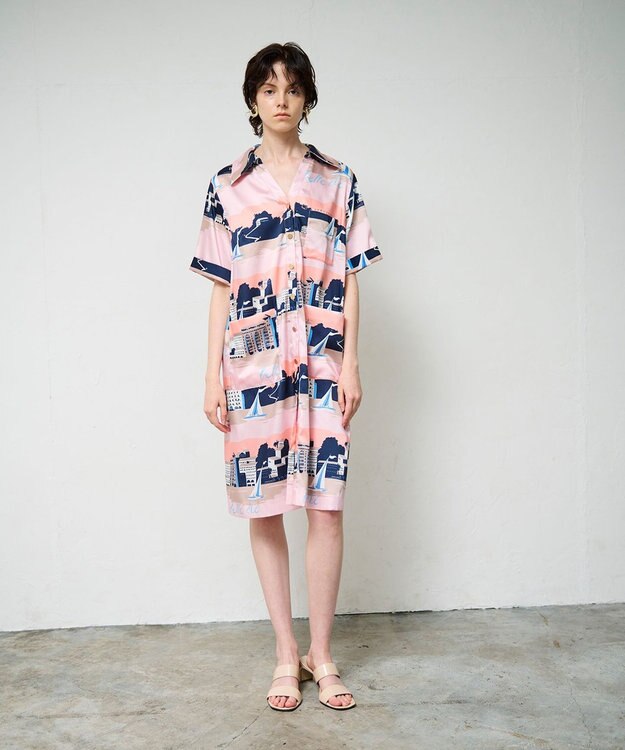 GRACE CONTINENTAL マリンプリントシャツドレス ピンク