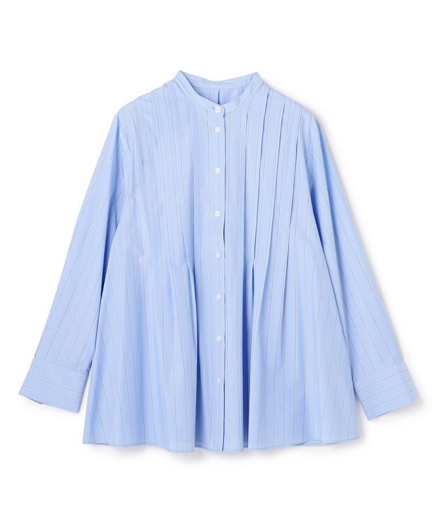 UNFILO L バンドカラー タックブラウス ブルーストライプ
