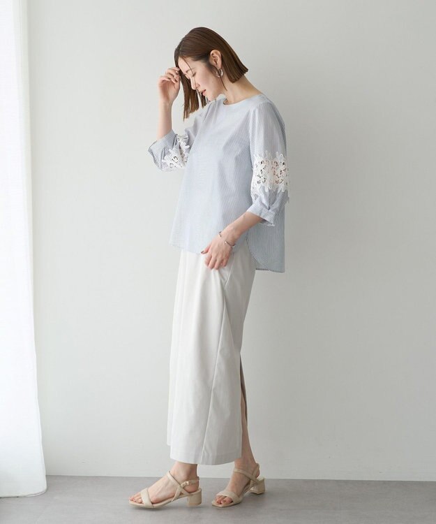 YECCA VECCA ストライプ柄レース切替ブラウス Off White