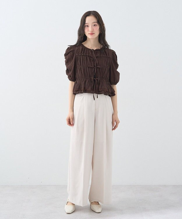 earth music&ecology レースティアードシャーリングブラウス Brown