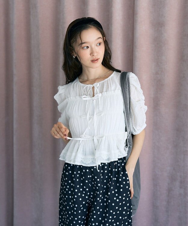 earth music&ecology レースティアードシャーリングブラウス Off White