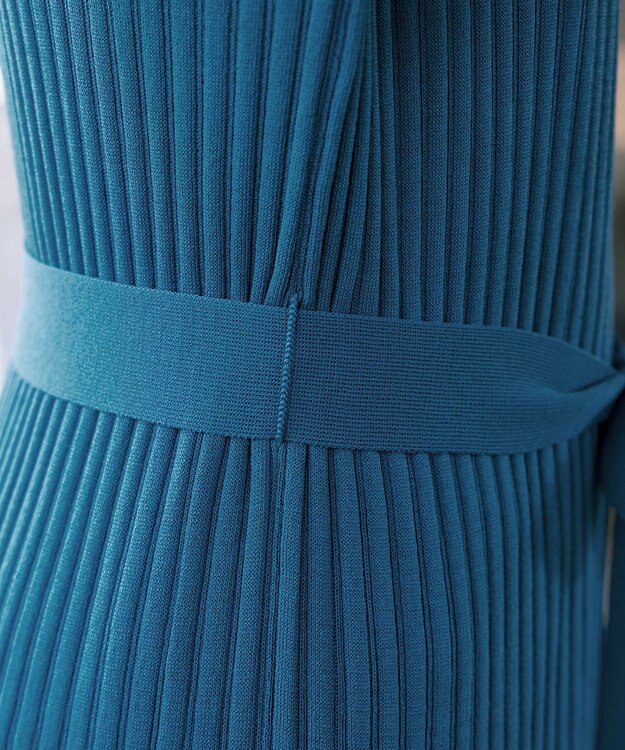 Tiaclasse 【洗える】ベルト付きランダムリブロングカーディガン ターコイズ