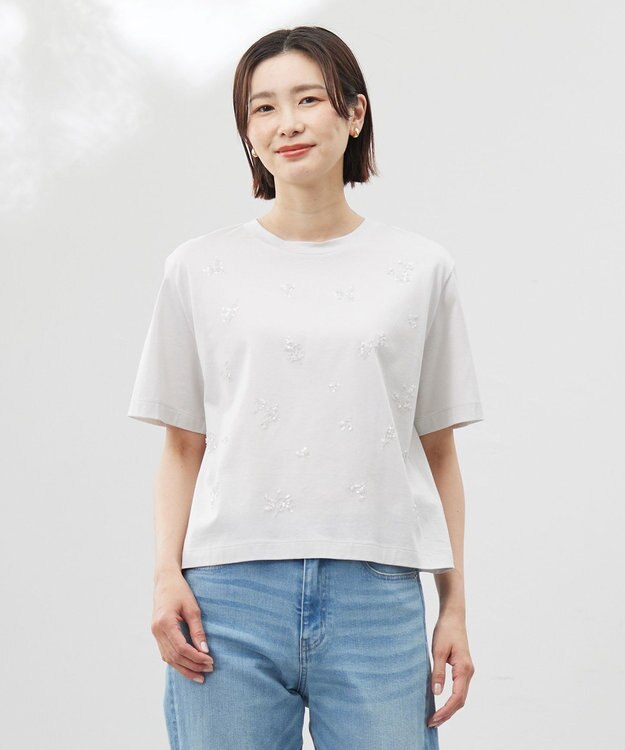 J.PRESS LADIES 【洗える】スパンコール Ｔシャツ グレージュ系