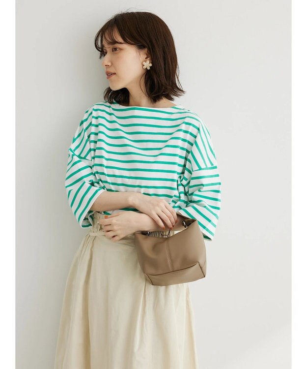 Green Parks ボーダーボートネック７分袖プルオーバー Green