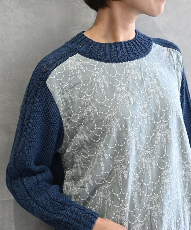 muuc 〈ドライタッチ高品質インド超長綿〉イラカ刺繍コットンプルオーバー ブルー