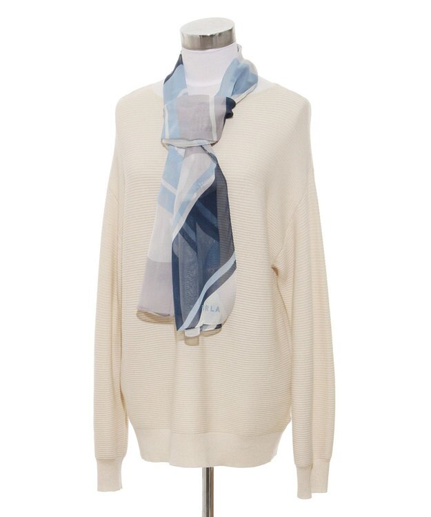 MOONBAT 【シルク100%】フルラ (FURLA) シルクシフォンロングスカーフ アーチロゴ 150cm×35cm ネイビーブルー