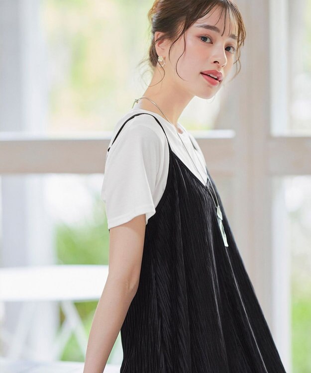 Tiaclasse 【2点セット・洗える】変形プリーツキャミワンピース＆Tシャツ ブラック