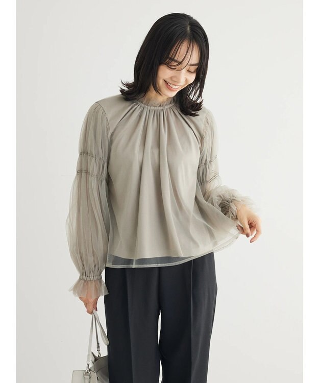 Green Parks ・ＥＬＥＮＣＡＲＥ　ＤＵＥ　チュールハイネックブラウス Gray Beige