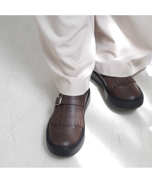 Pointer 日本製 本革フリンジ付き厚底ローファー ブラウン