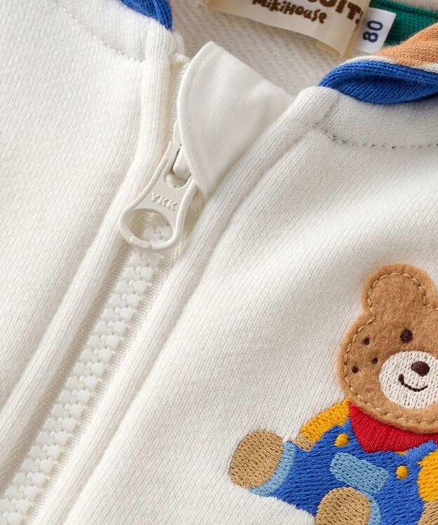 MIKI HOUSE HOT BISCUITS 【80-120cm】マルチカラー 裏毛パイル くまみみパーカー 白