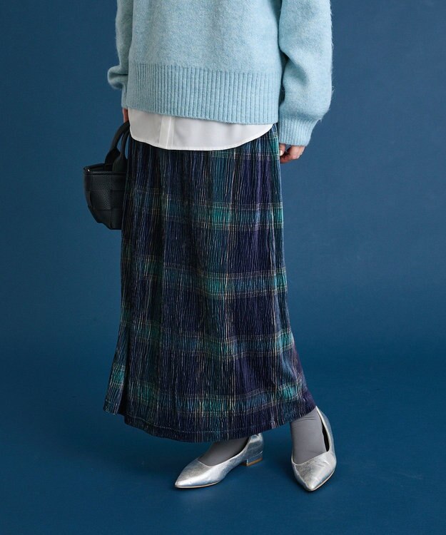 Green Parks 楊柳ベロアチェックＩラインスカート Navy