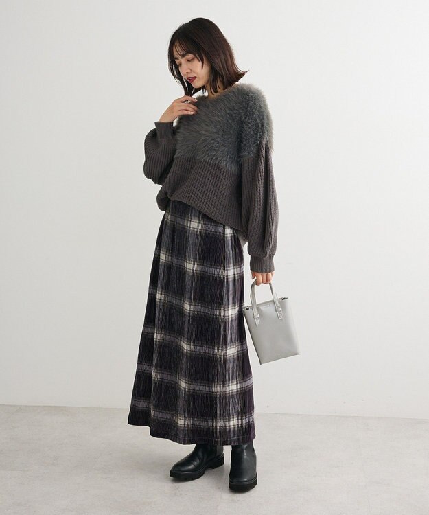 Green Parks 楊柳ベロアチェックＩラインスカート Navy