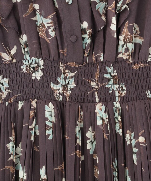 YECCA VECCA フラワー柄フリルプリーツワンピース Brown