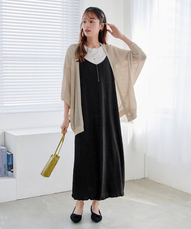 Tiaclasse 【2点セット・洗える】変形プリーツキャミワンピース＆Tシャツ ブラック