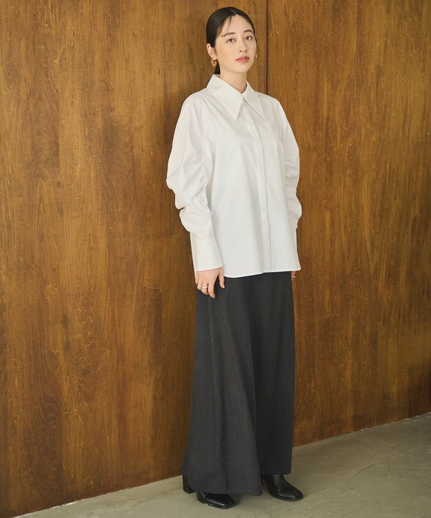 #Newans 【アイロンいらず】尖り襟ギャザースリーブブラウス ホワイト