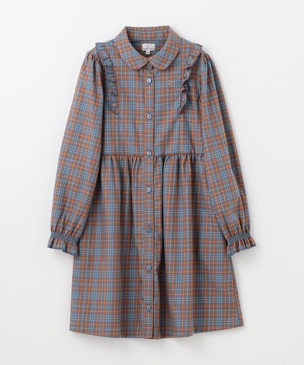 組曲 KIDS 【150-160㎝】リセチェックシャツ ワンピース ブルー×オレンジ系