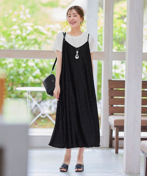 Tiaclasse 【2点セット・洗える】変形プリーツキャミワンピース＆Tシャツ ブラック