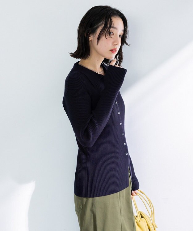 Green Parks 襟付きリブニットカーディガン Dark Navy