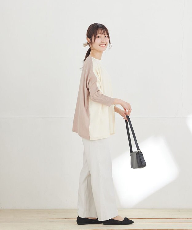 Tiaclasse ストライプストレッチワイドパンツ ベージュストライプ