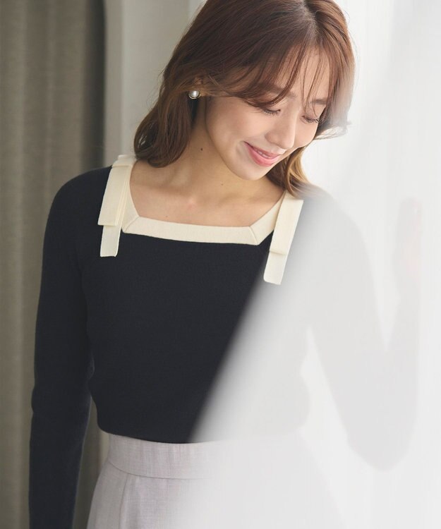 Feroux 【洗える】ショルダーリボン プルオーバーニット ブラック系