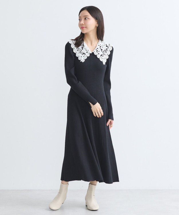 earth music&ecology 襟レースニットワンピース Black