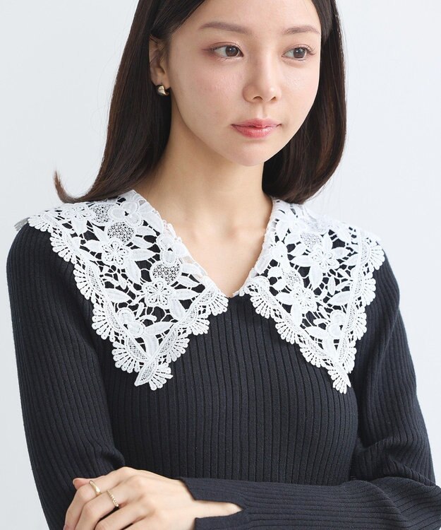 earth music&ecology 襟レースニットワンピース Black