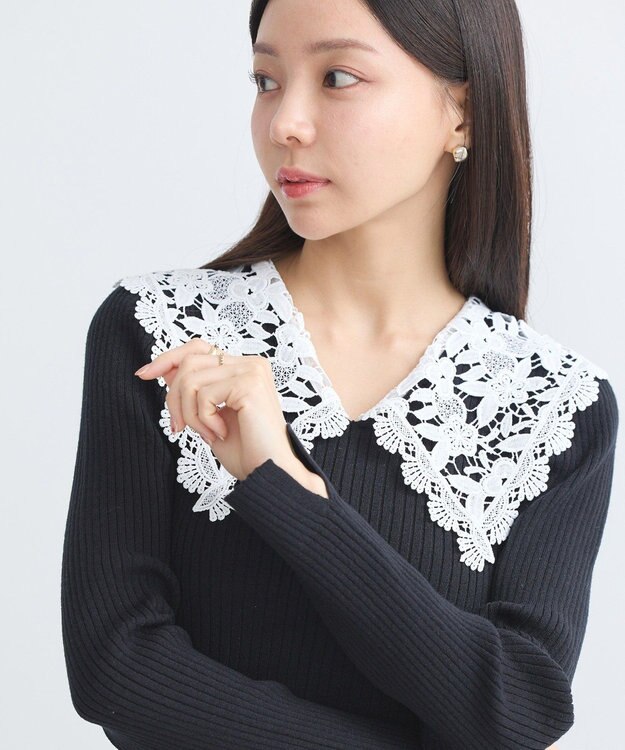 earth music&ecology 襟レースニットワンピース Black