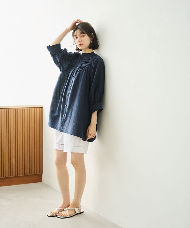 #Newans 【金子綾さんインスタライブご紹介アイテム】（前後着用可能）ピンタックシアーブラウス ネイビー