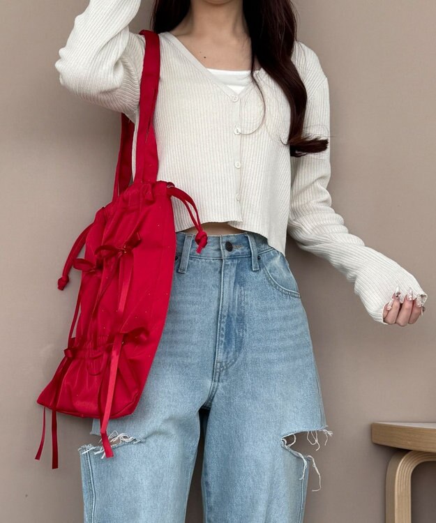 WEGO ドロストリボンギャザートート レッド