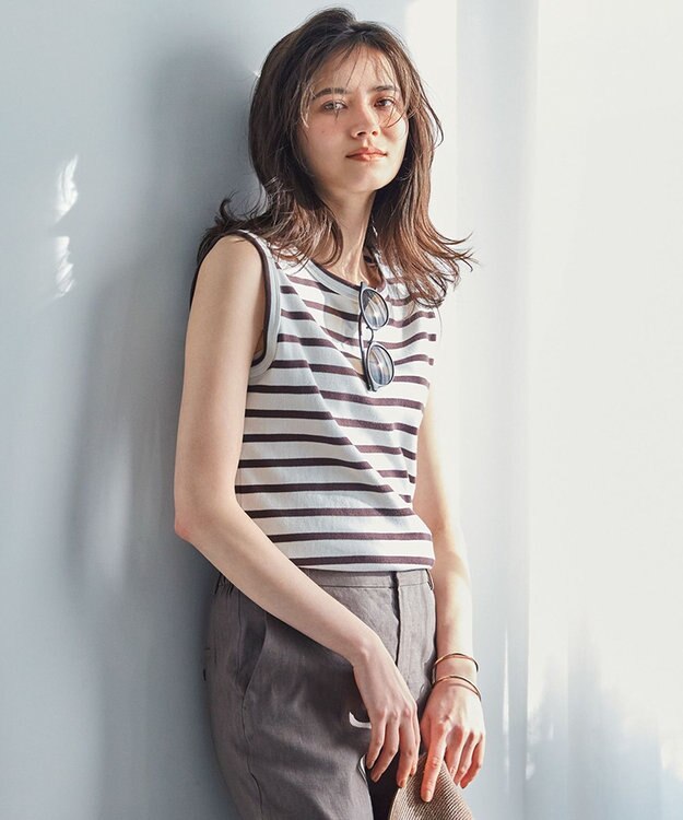 23区 S 【SLOW/洗える】ミドルフライスジャージー ノースリーブ カットソー ホワイト×ダークブラウンボーダー