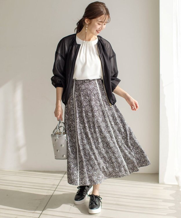 ANY SIS 【洗える】ラインポイントフラワー スカート ブルー系