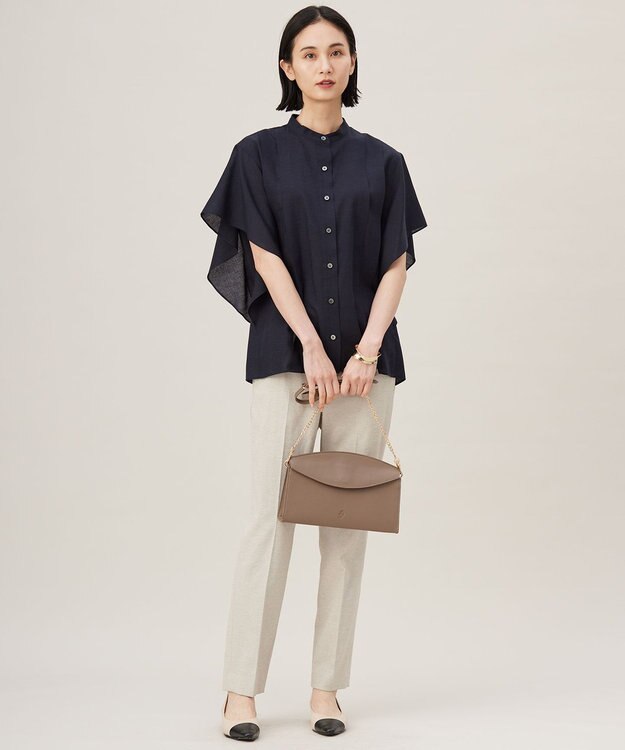 自由区 L 【接触冷感・吸水速乾・洗える】ナチュラルリネンフレア袖 シャツ ネイビー