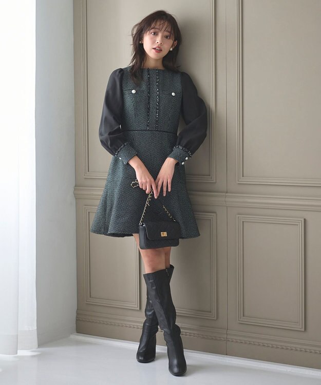 Feroux 【洗える】ツイードコンビミディ ワンピース ブラック系