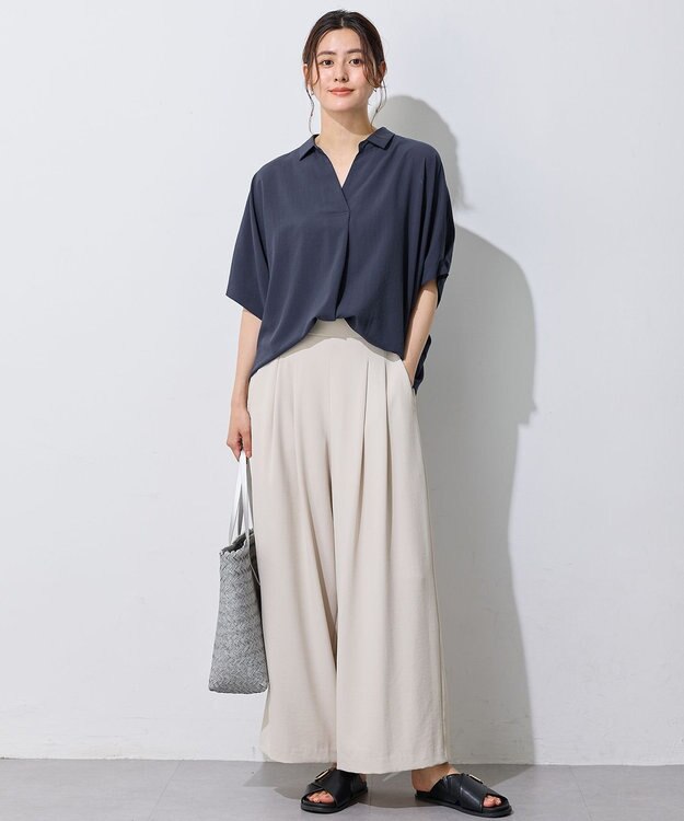 ANY 【新色追加】スキッパーネック袖タックブラウス ネイビー